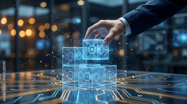 Fototapeta Digital infrastructure concept with hand stacking glowing circuit cubes representing microchips