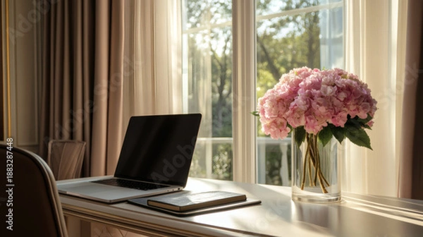 Obraz Elegant Home Office with Pink Hydrangeas