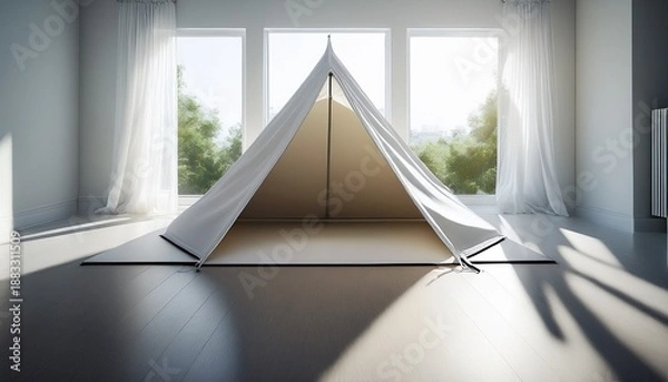 Obraz blank triangular table tent on smooth surface in bright sunlit room