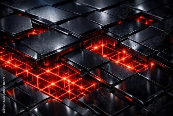 Fototapeta Futuristic Red Grid Core Embedded In Black Tech Surface
 Sci-Fi Technology Panel With Glowing Red Network