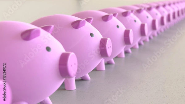 Fototapeta Linear Array of Pink Piggybanks on a Light Gray Surface