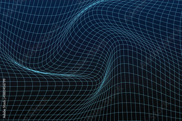 Obraz Twisted Blue Wireframe Grid Surface with Deep Warped Perspective abstract background