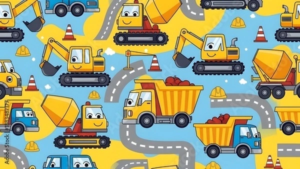 Obraz Cartoon Construction Vehicles and Trucks Seamless Pattern