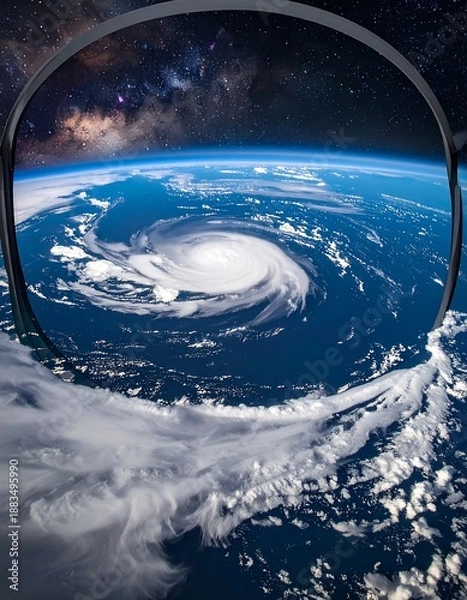 Obraz Hurricane Viewed From Space Through a Circular Frame.
