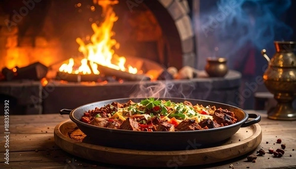 Obraz Delicious Stew by the Fireplace - A Rustic Culinary Experience.
