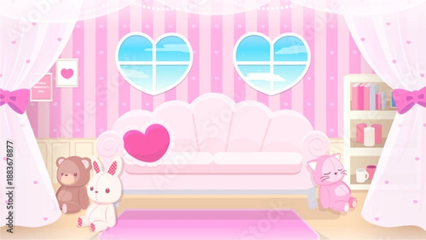 Obraz バレンタインデーに使えるハートの窓の可愛い部屋の背景素材 ピンク昼