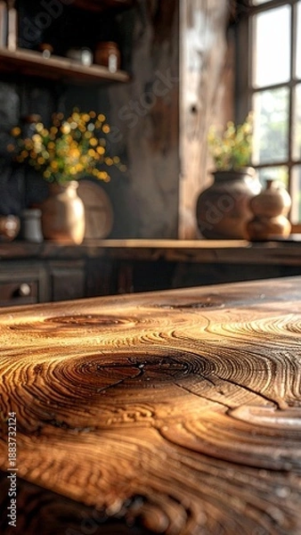 Obraz Rustic Kitchen Interior with Focus on Wooden Countertop Texture.