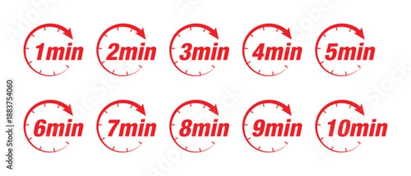 Obraz 1–10 Minutes Circular Timer Icons Set . Red Countdown Time Indicator Labels.