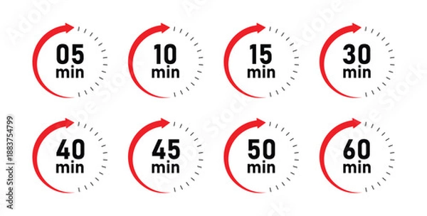 Obraz Minutes Circular Timer Icons Set . Red Countdown Time Indicator Labels.