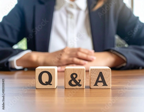 Fototapeta Generative AI
ビジネスシーンのQ&Aイメージ 木製ブロックと女性の手元