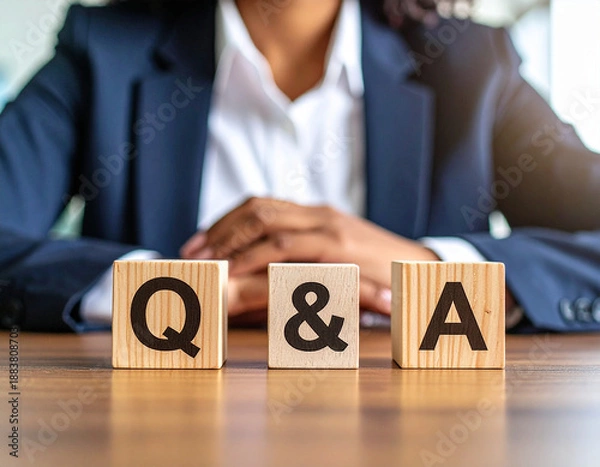 Fototapeta Generative AI
ビジネスシーンのQ&Aイメージ 木製ブロックと女性の手元