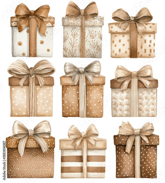 Fototapeta Nine square gift boxes adorned with elegant bows, featuring various patterns