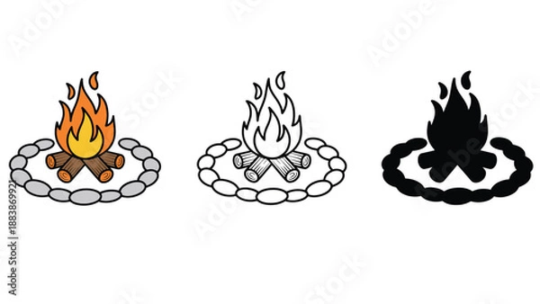 Obraz Three different colored campfire icons in a circular stone ring