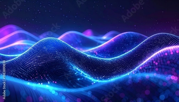 Obraz smooth digital wave with subtle binary code and data symbols embedded, blue-purple gradient, fintech innovation theme, professional abstract background