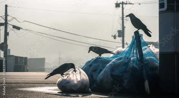 Obraz 早朝の日本のゴミ集積所に集まるカラス