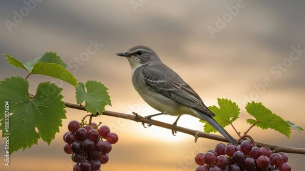 Obraz Small Bird Perched on Grape Vine at Sunset