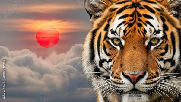 Obraz Tiger Close-Up Against Sunset Sky with Dramatic Clouds