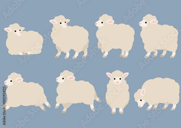 Obraz 牧場で過ごすひつじの様子を描いたシンプルなイラストセット