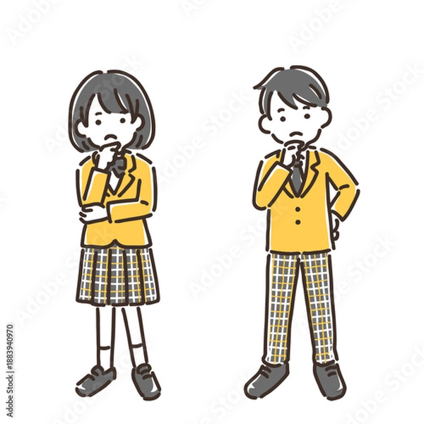 Obraz 顎に手を当てて考えている制服姿の女の子と男の子／シンプルカラー／セット