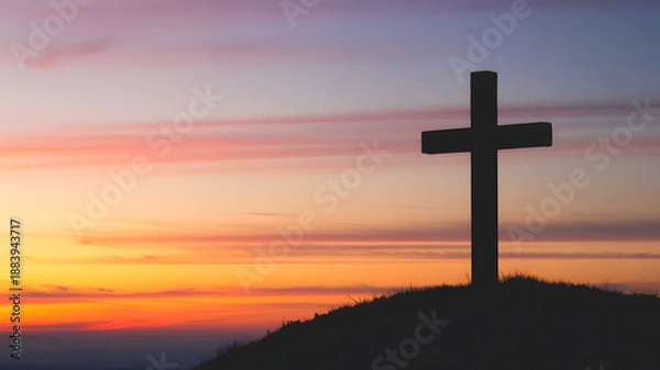 Obraz Easter sunday background with cross silhouette at sunset