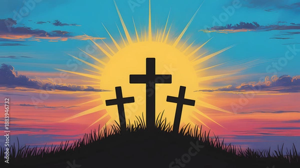 Obraz Easter sunday background with crosses at sunrise
