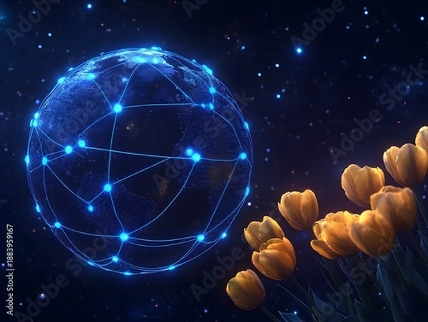 Obraz Global network connected with blooming tulips