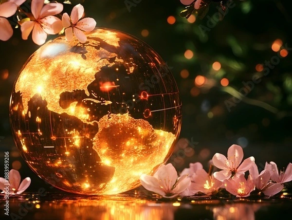 Obraz Illuminated globe surrounded by blossoms