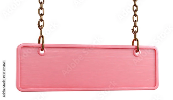 Obraz A blank, rectangular pink sign hangs by rusty chains, with rounded corners against a black backdrop