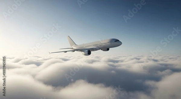 Obraz Airplane flying above clouds during sunset.