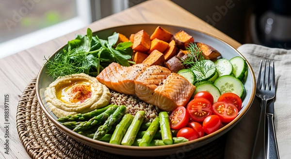 Obraz Nutritious salmon and vegetable bowl