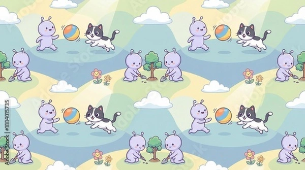 Obraz Cute Alien and Cat Playing Seamless Pattern for Kids Background