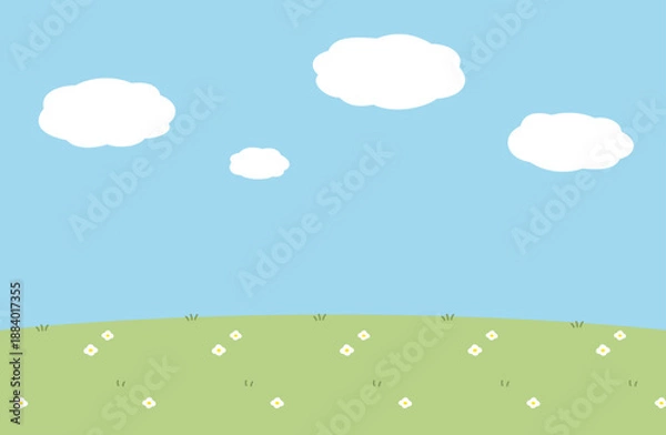 Obraz かわいい絵本風の青空と雲と草花の背景画像　晴れた空と草原のメルヘンな背景素材ベクターイラスト　