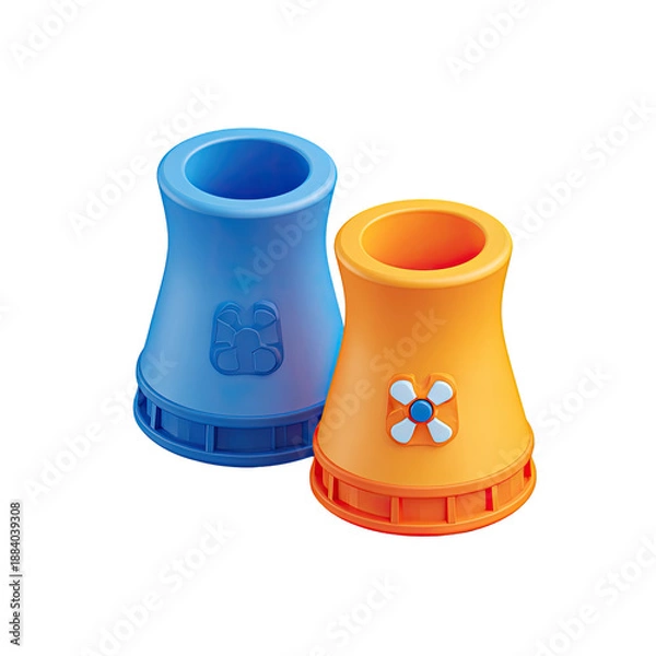 Obraz Two colorful, stylized cylindrical structures with decorative elements against a dark background