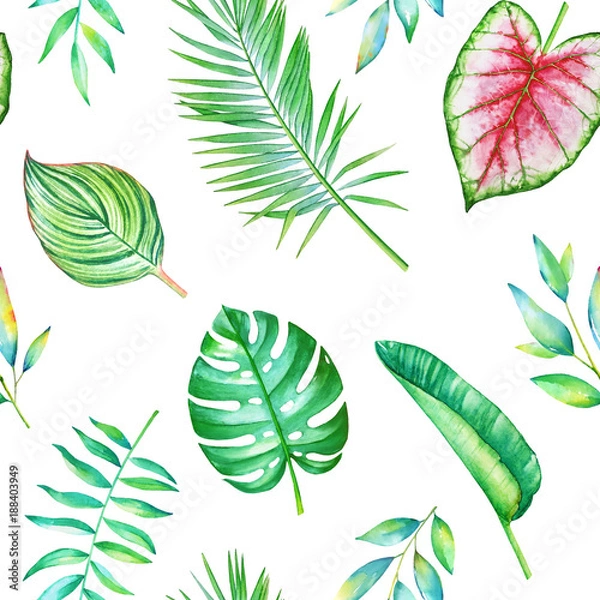Fototapeta Seamless watercolor pattern with green tropical leaves isolated on white background.