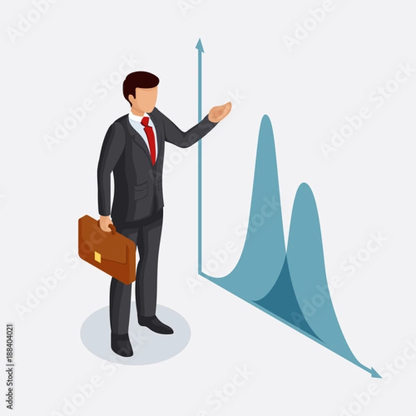 Fototapeta businessman with a briefcase points to a chart or chart. Vector illustration in isometric view isolated on white background.