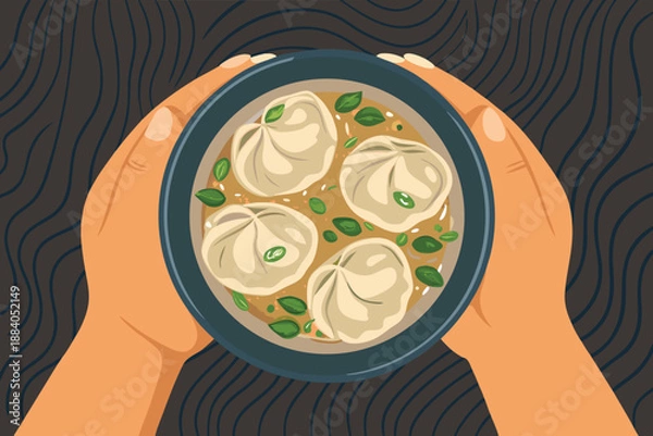 Obraz Top Down Hands Holding Dumpling Soup Bowl
