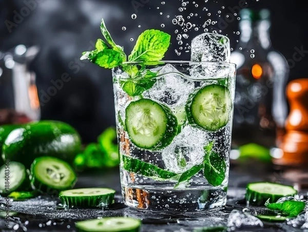 Obraz Refreshing Cucumber Mint Detox Water with Dynamic Ice Splashes and Bubbles