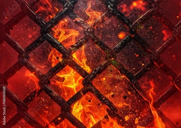 Fototapeta 炎と金網の抽象背景。危険・制限・強烈なエネルギー