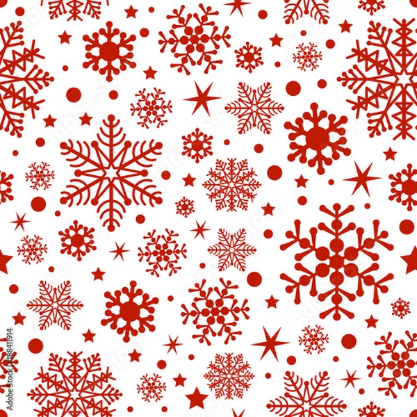 Fototapeta Red snowflakes seamless pattern on white background