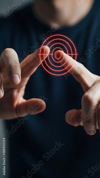 Fototapeta Hands Interacting with Red Circular Holographic Interface