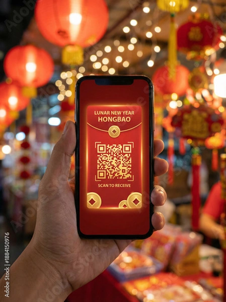 Obraz Smartphone with digital red envelope QR code payment