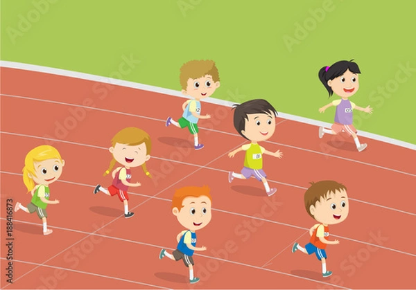 Fototapeta happy kids running  on the track of stadium