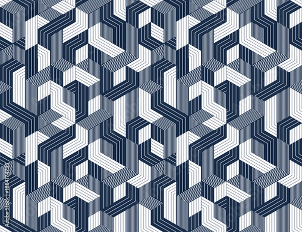 Obraz Cubes seamless pattern, abstract 3D optic background, trippy isometric linear polygon endless wallpaper, surreal effect black and white tiling pattern.