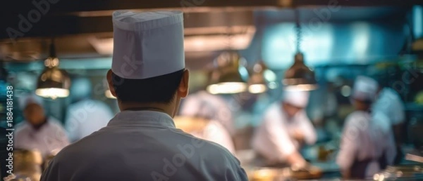 Obraz Chef in Professional Kitchen Overseeing Culinary Team Work