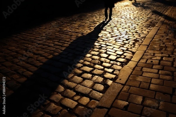 Obraz Shadow on Cobblestone Pathway in Golden Hour Light Reflection