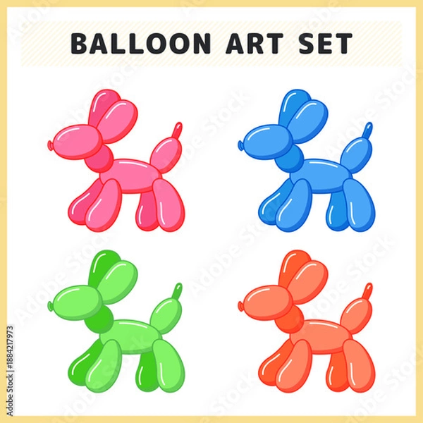 Obraz カラフルな風船の動物 バルーンアートのいぬのイラストセット 子供向けイベントや誕生日会の装飾素材