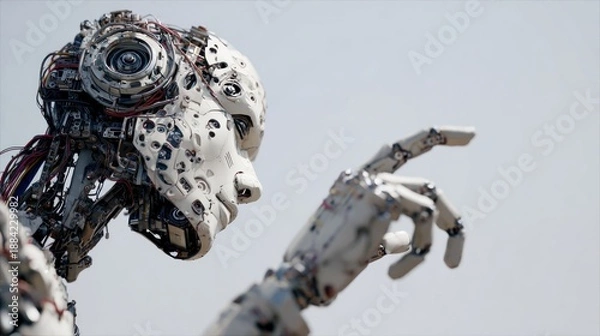 Obraz Humanoid robot head with complex wiring and articulation gesturing forward