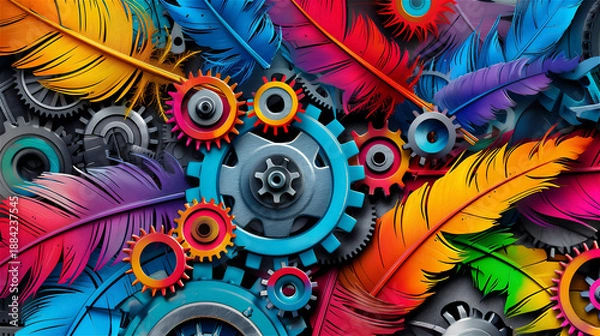 Fototapeta カラフルな羽根と歯車のアート