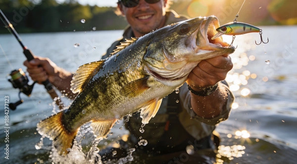 Obraz 夕暮れの湖で大物のブラックバスを釣り上げる釣り人