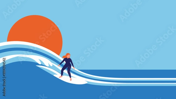 Obraz Surfer Riding Wave During Sunset.